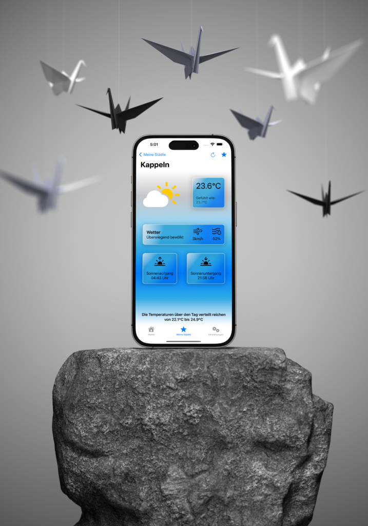 stone with phone one it which presents weather app with german town